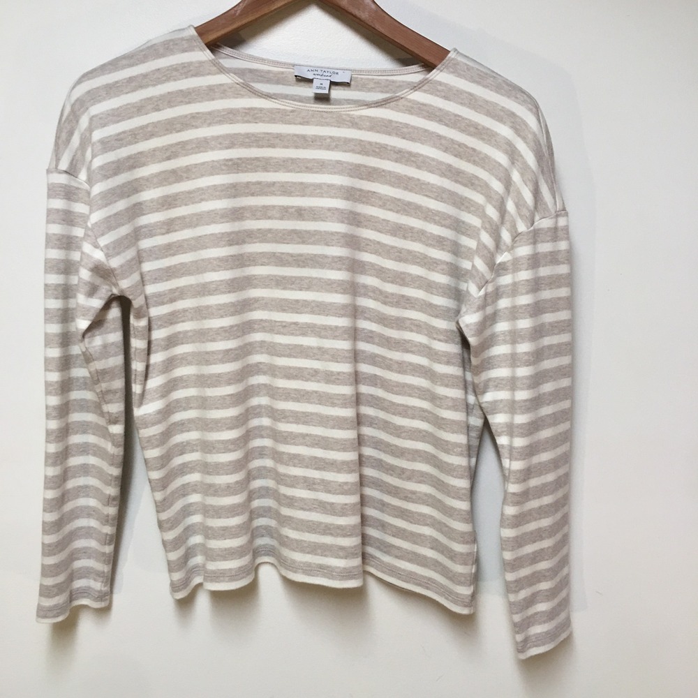 Ann Taylor Weekend Top Women Size M Gray White Striped Long Sleeve Cotton Knit